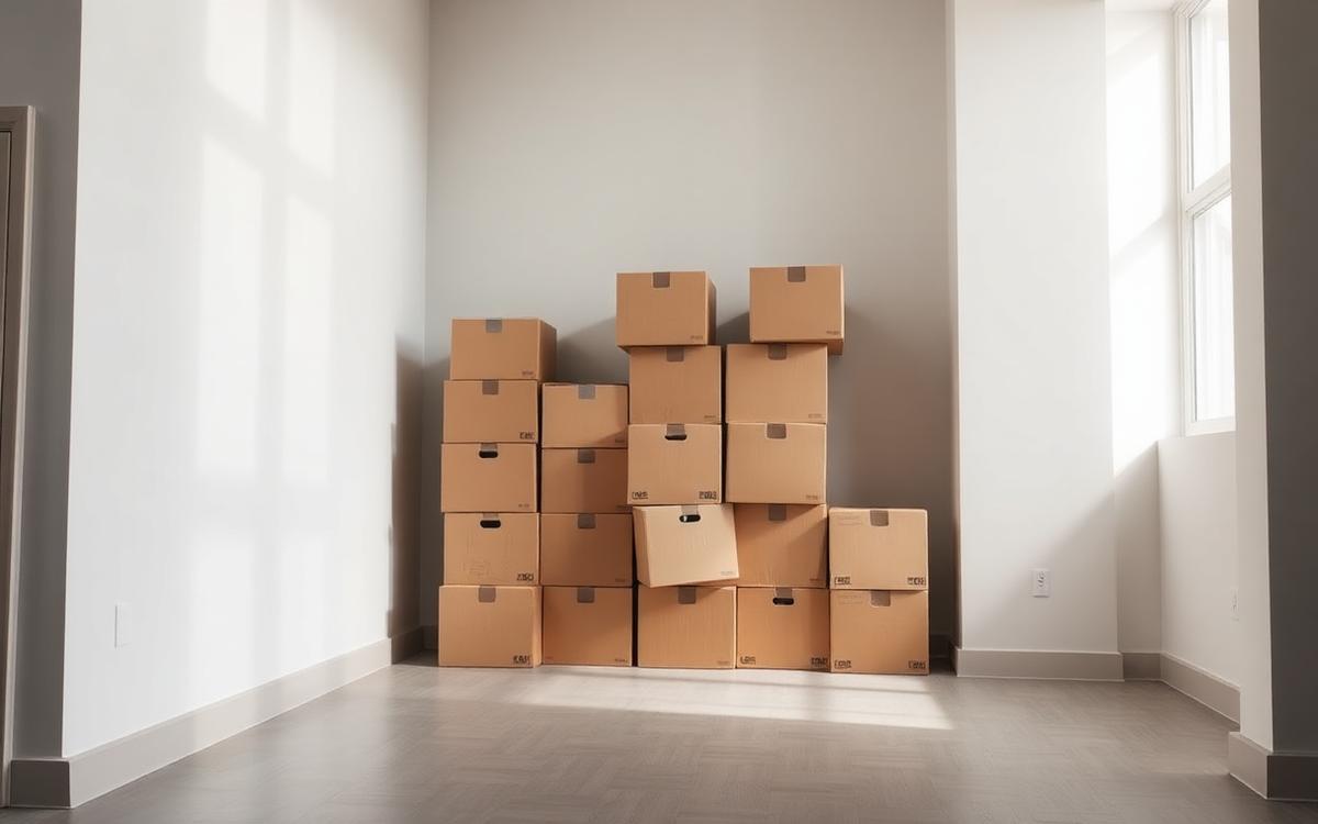 Gestapelte Umzugskartons in einem leeren Zimmer